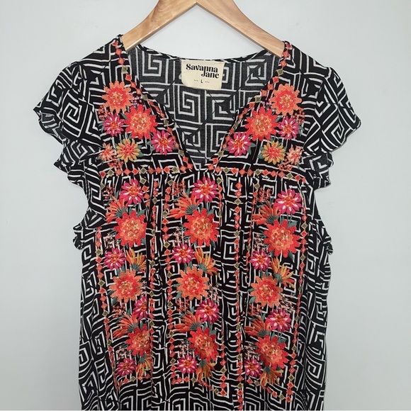 Savanna Jane Dress Women’s Size Large Black White Embroidered Floral Rayon - Picture 3 of 8